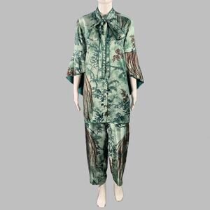 F.R.S. Size M Green Brown Cupro Graphic Pajama Pantsuit